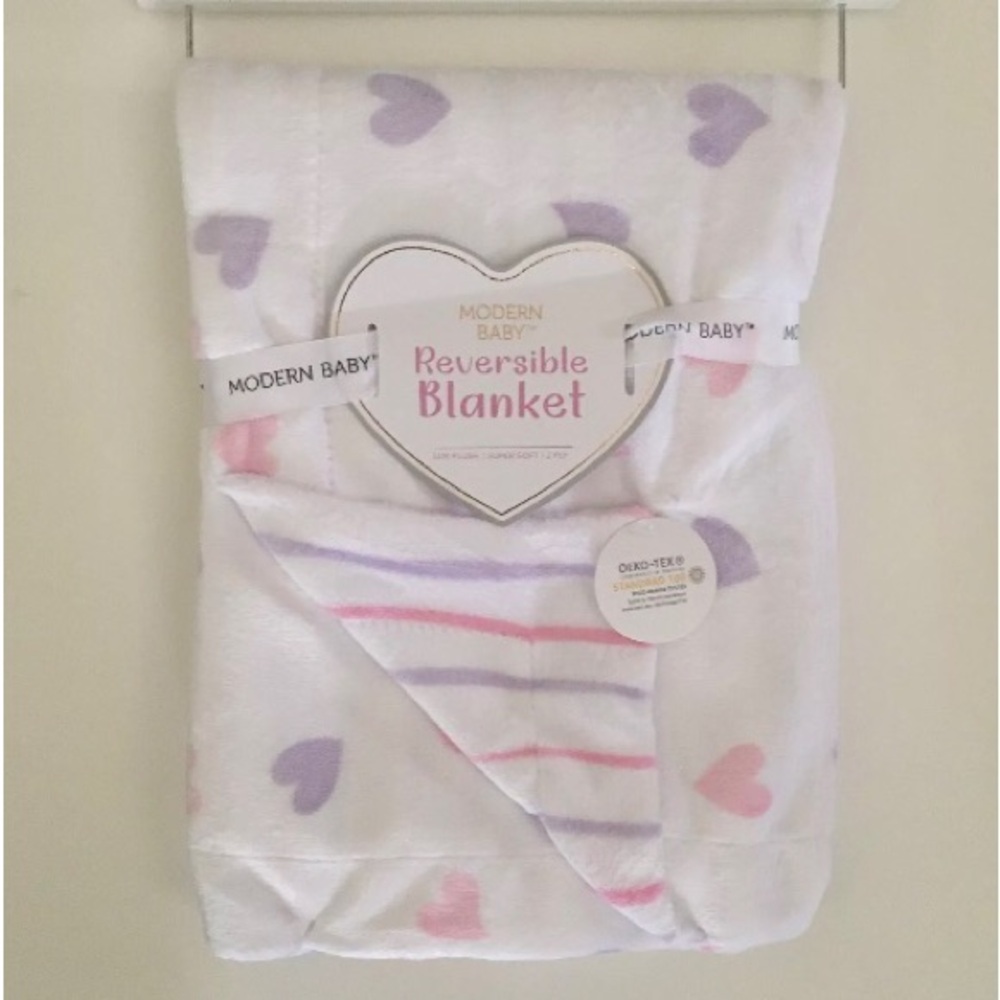Baby Blanket Pink Purple Hearts Reversible Stripe Baby Gift NEW | Modern Baby